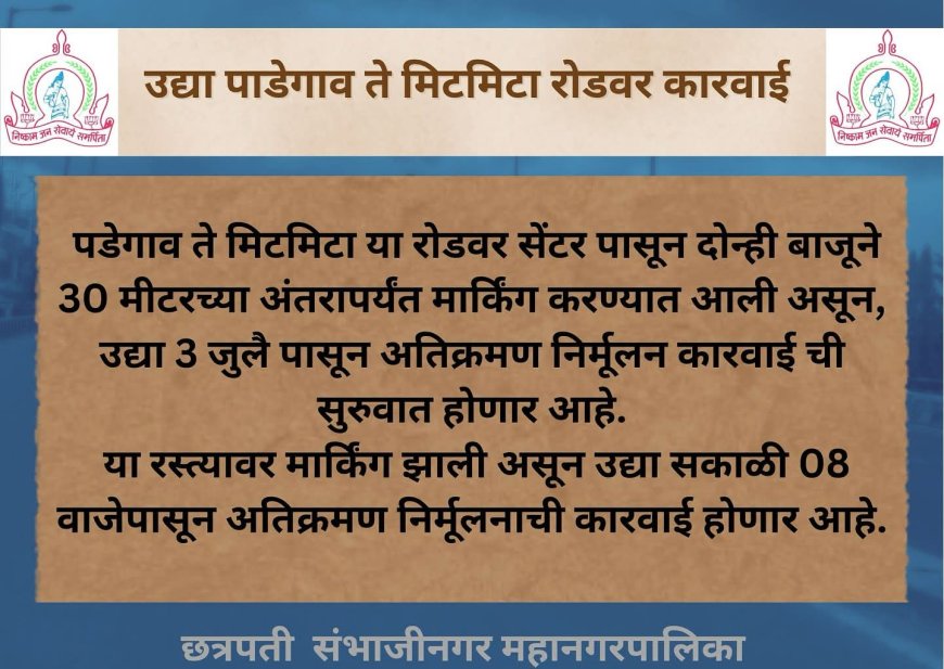 उद्या पडेगाव ते मिटमिटा रोडवर मनपाची अतिक्रमणविरोधी कारवाई; दोन्ही बाजूंनी ३० मीटर अंतरात हटवले जाणार अतिक्रमण