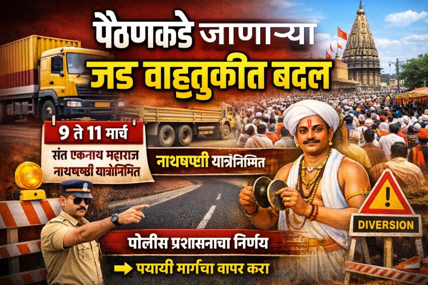पैठणकडे जाणाऱ्या जड वाहतुकीत ९ ते ११ मार्चदरम्यान बदल