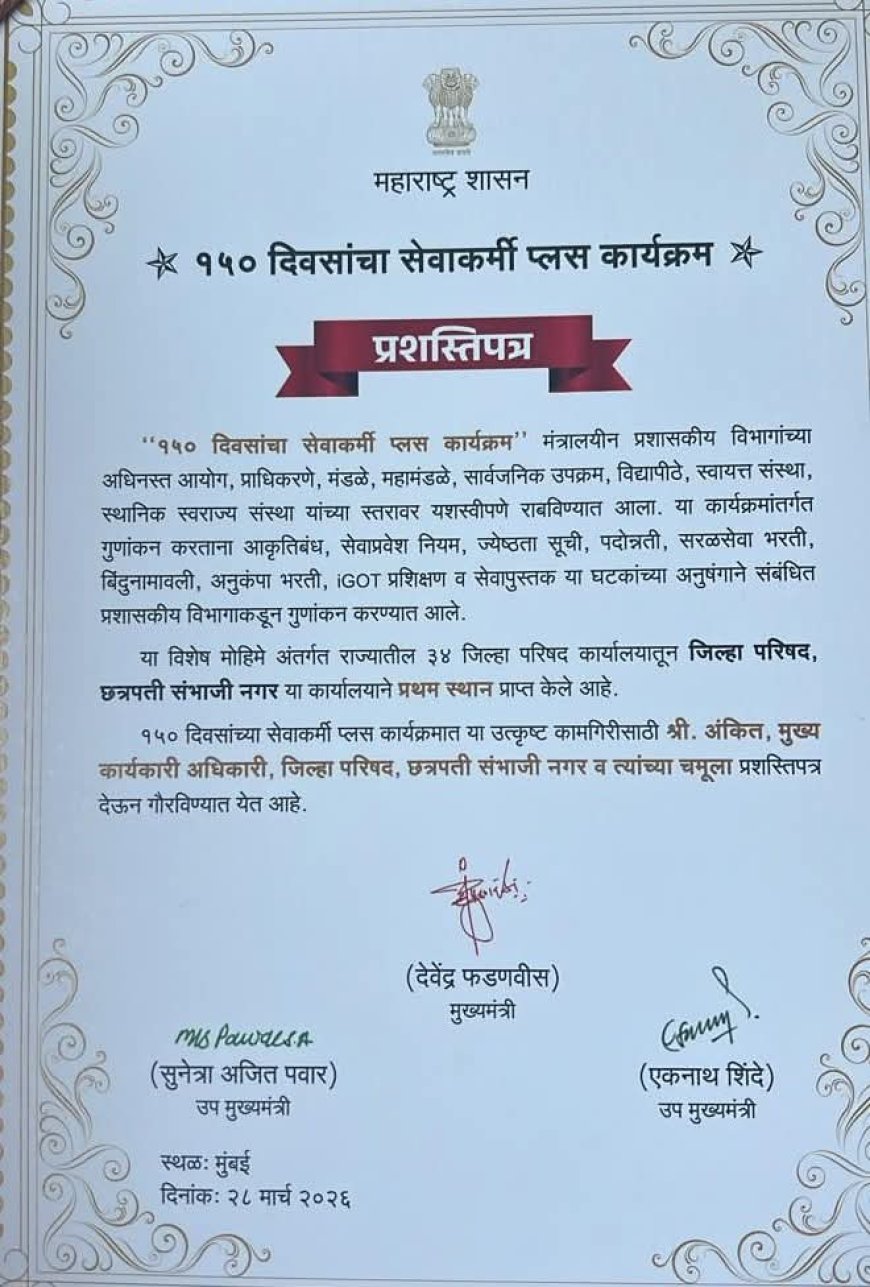 ‘सेवाकर्मी प्लस’ मध्ये जि.प. छत्रपती संभाजीनगर राज्यात अव्वल! मुख्य कार्यकारी अधिकारी अंकीत मुख्यमंत्र्यांच्या हस्ते सन्मानीत