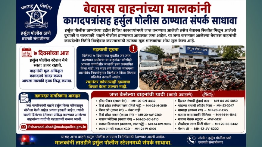 बेवारस वाहनांच्या मालकांनी कागदपत्रांसह हर्सूल पोलीस ठाण्यात संपर्क साधावा