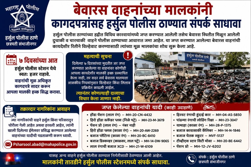 बेवारस वाहनांच्या मालकांनी कागदपत्रांसह हर्सूल पोलीस ठाण्यात संपर्क साधावा