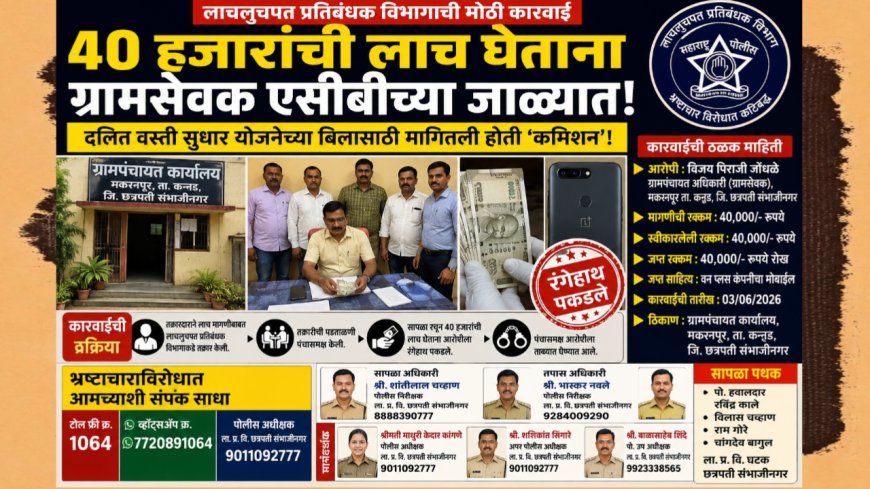 ४० हजारांची लाच घेताना ग्रामसेवक एसीबीच्या जाळ्यात; दलित वस्ती सुधार योजनेच्या बिलासाठी मागितली होती ‘कमिशन’!