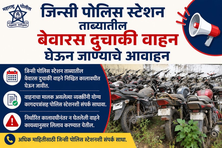 जिन्सी पोलिस स्टेशन ताब्यातील बेवारस दुचाकी वाहन  घेऊन जाण्याचे आवाहन
