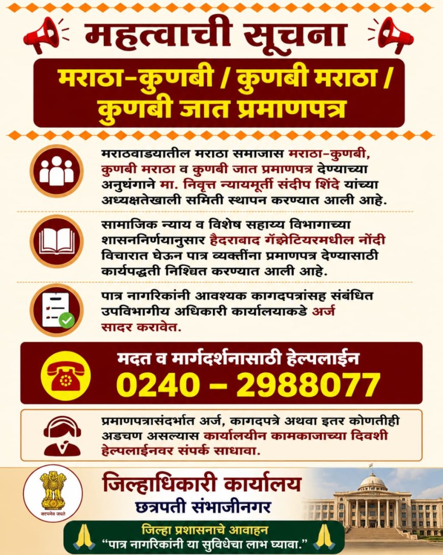 कुणबी जात प्रमाणपत्रासाठी नागरिकांना दिलासा; जिल्हाधिकारी कार्यालयाची हेल्पलाईन सुरू