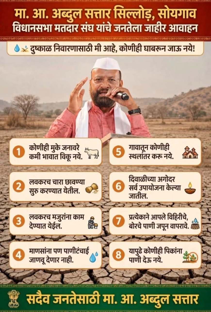 दुष्काळग्रस्त जनतेने घाबरू नये; चारा छावण्या, रोजगार आणि पाणीपुरवठ्यासाठी उपाययोजना करणार – आ. अब्दुल सत्तार